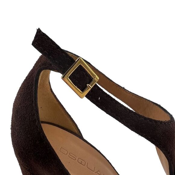 New DSQUARED2 Women US 10 Brown Suede High Heels Tassel T-Strap Wedge Sandals - Picture 13 of 17